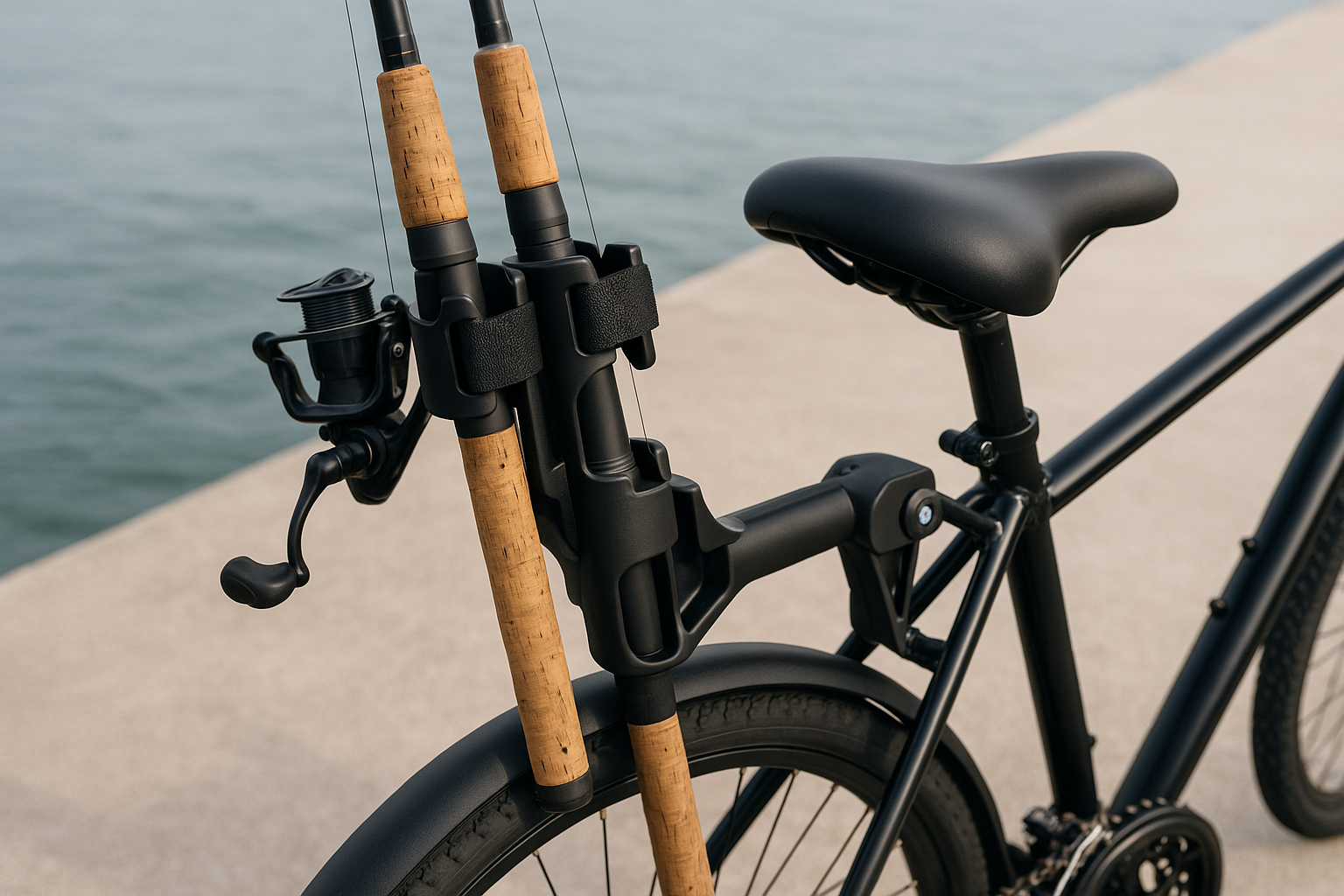 自転車のシートポストに取り付けられたロッドホルダーに釣り竿を固定している様子