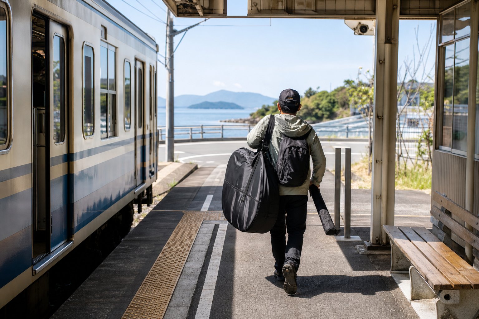 海へ続く道が見える駅で輪行袋を肩に掛け次の移動へ向かう釣行者の後ろ姿