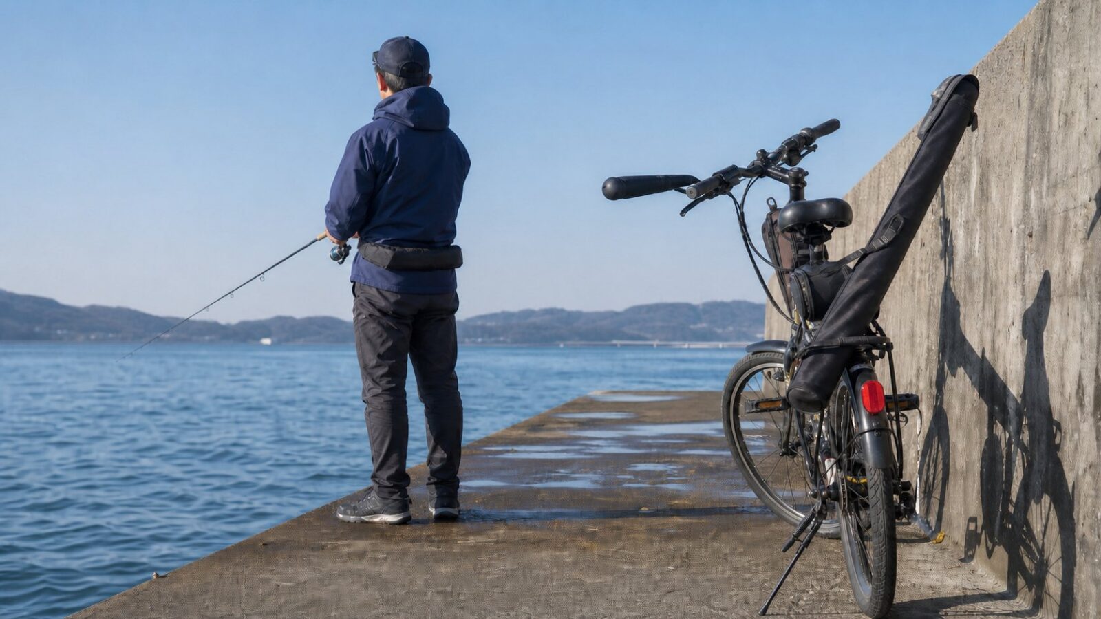 濡れた堤防で腰巻きライフジャケットを着け、自転車を水際から離して置く釣り人の後ろ姿