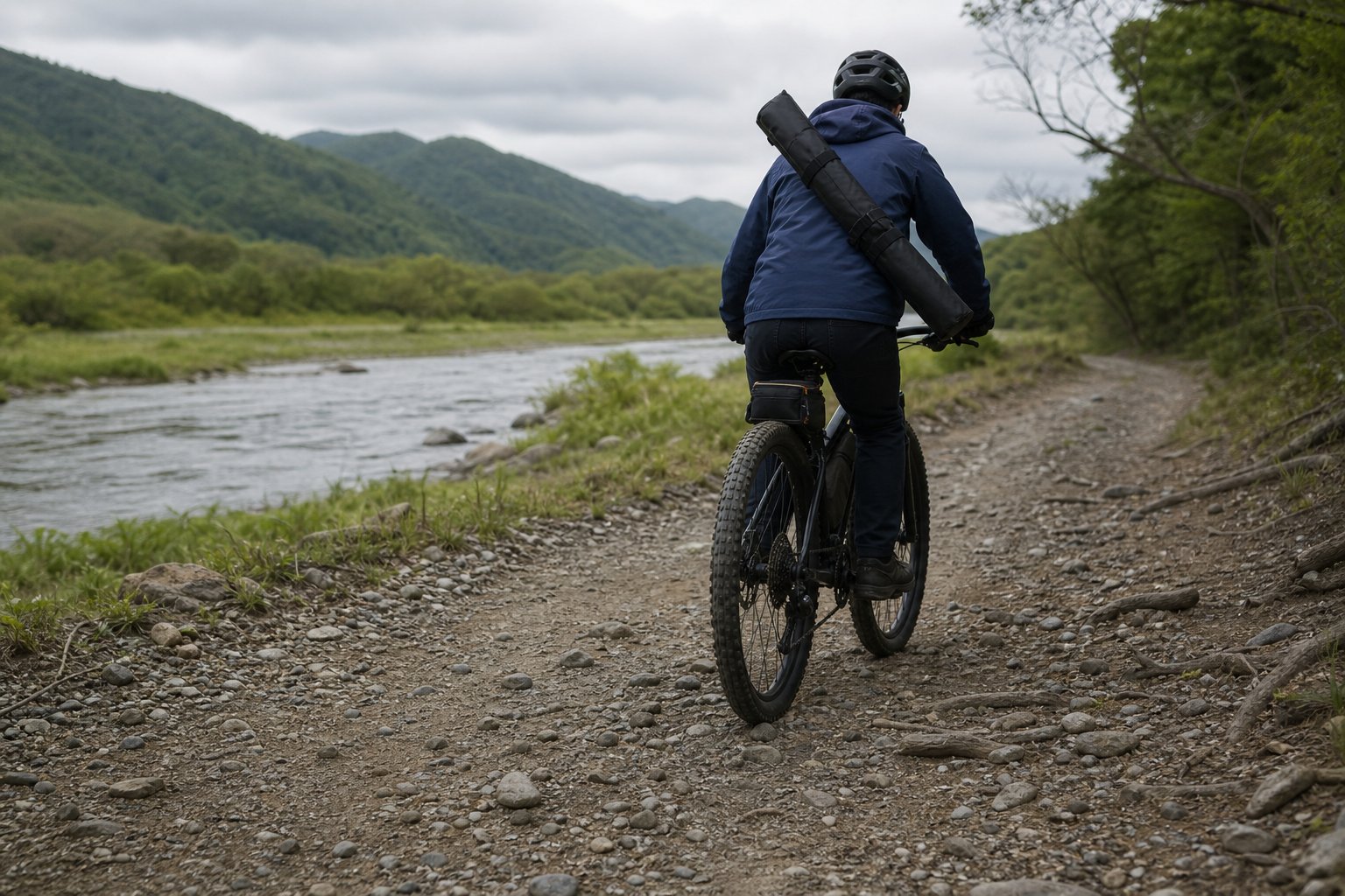 釣り道具を積んだMTBが川沿いの荒れた砂利道を走る様子