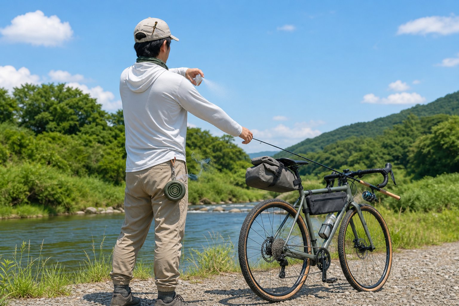 長袖と防虫線香と虫よけスプレーで虫対策する自転車釣行者