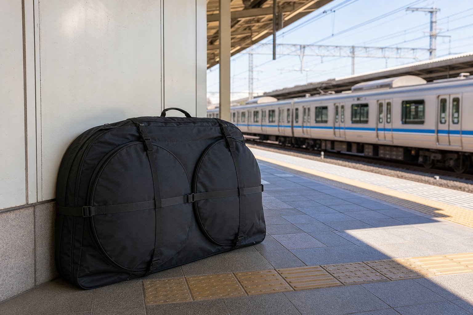 自転車全体を収めて固定した輪行袋を明るい駅ホームに安全に置いた様子