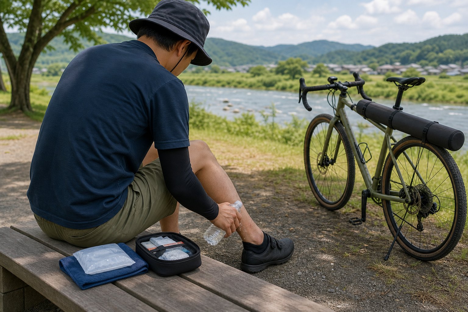 虫刺され箇所を水で洗い冷却材を用意する自転車釣行者