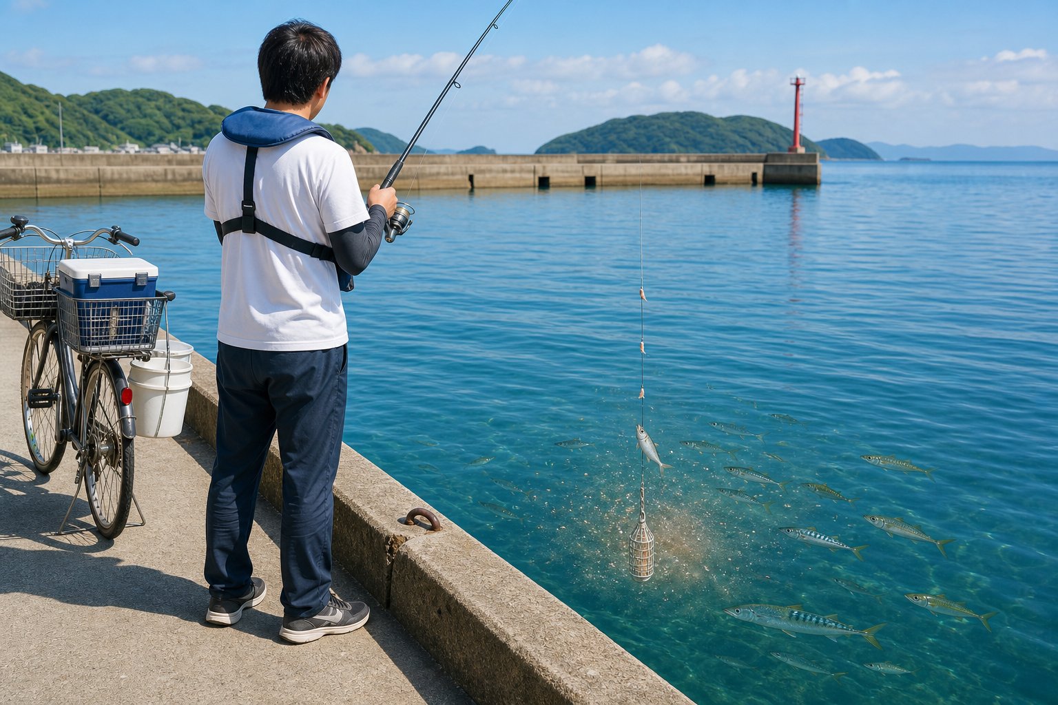 堤防の足元へサビキ仕掛けを下ろしコマセに魚が寄る基本動作