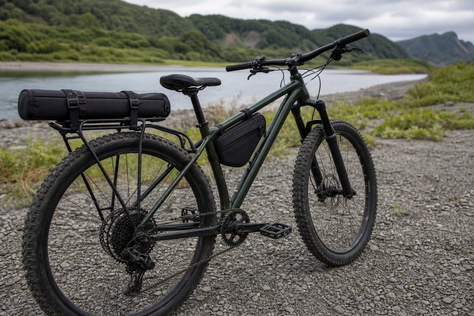 フラットペダルとフレームバッグとロッドケースを装着した釣り仕様MTB