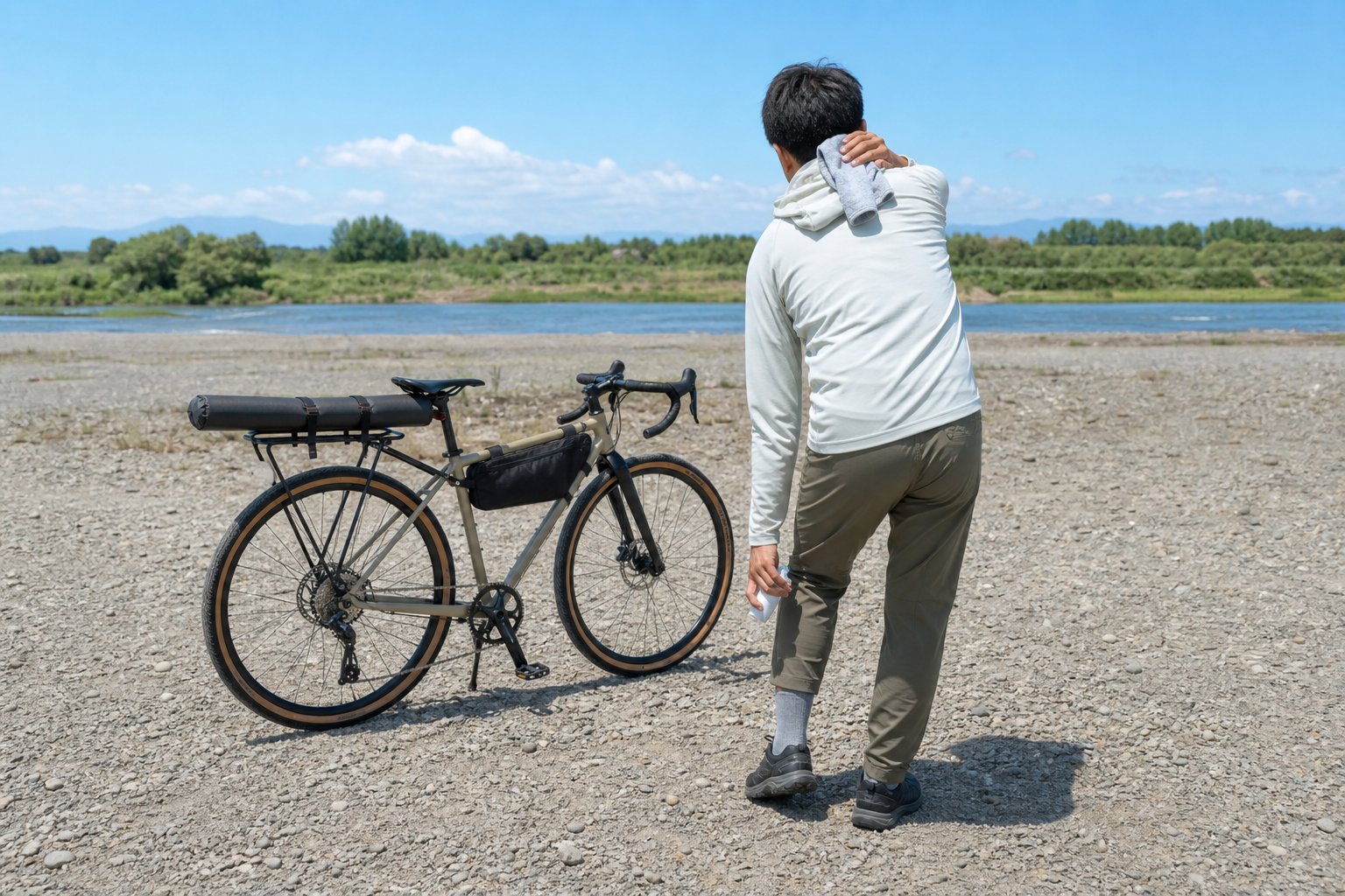 釣り場到着後に汗を拭き虫よけを塗り直す自転車釣行者