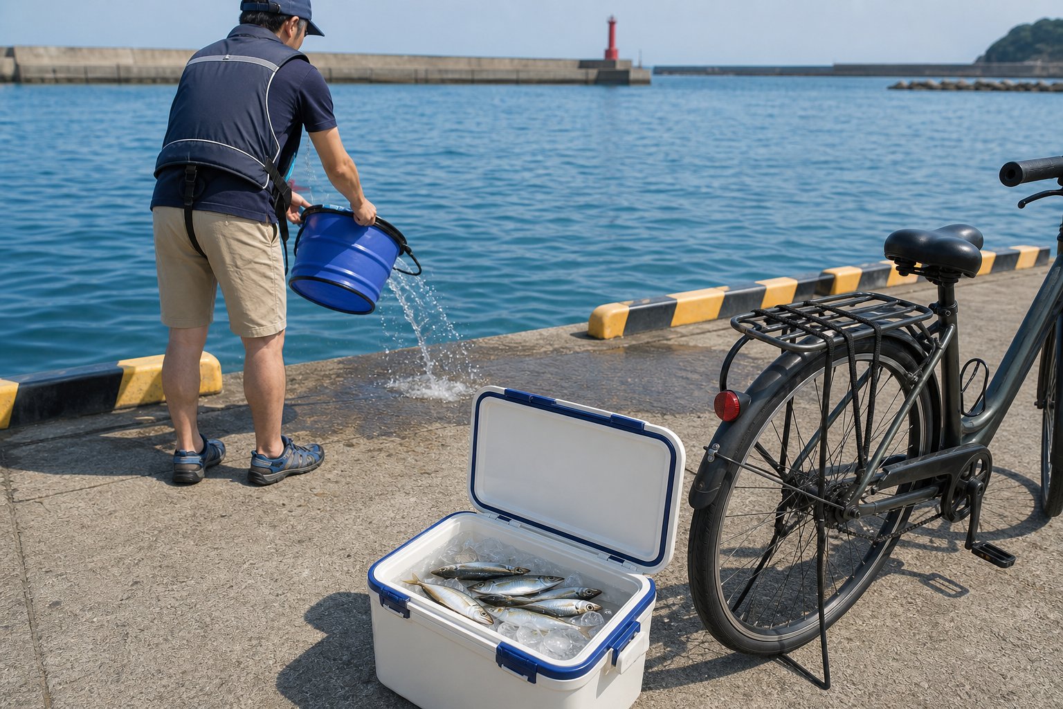 釣ったアジとイワシを氷で冷やしコマセ跡を海水で流す後片付け