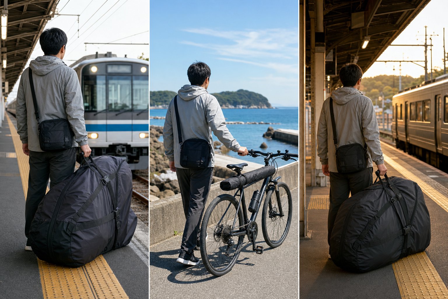 朝の電車移動から海辺の自転車釣行と夕方の帰路までを三場面で示した後ろ姿
