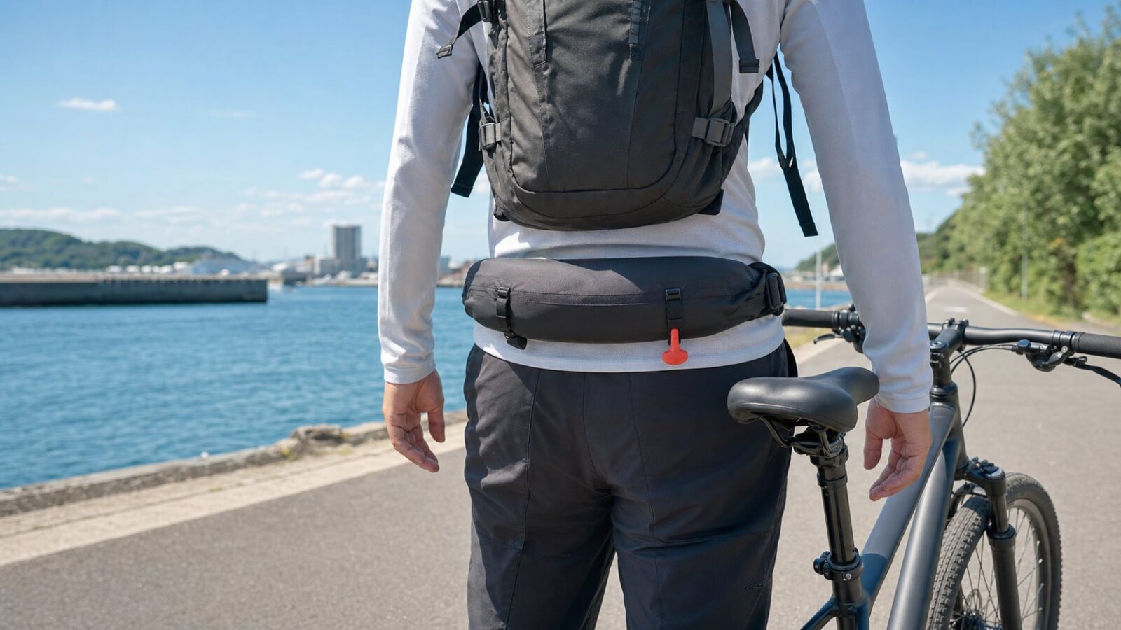 リュックと干渉しない位置に腰巻きライフジャケットを装着した自転車釣行者の後ろ姿