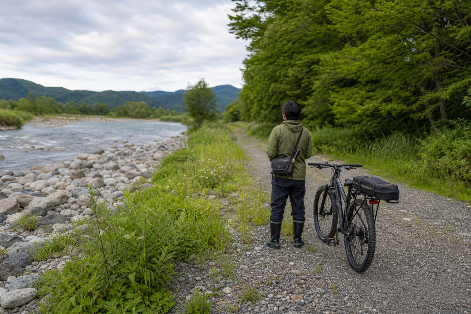 渓流沿いと草地と河川敷を移動できる釣り装備付きMTB