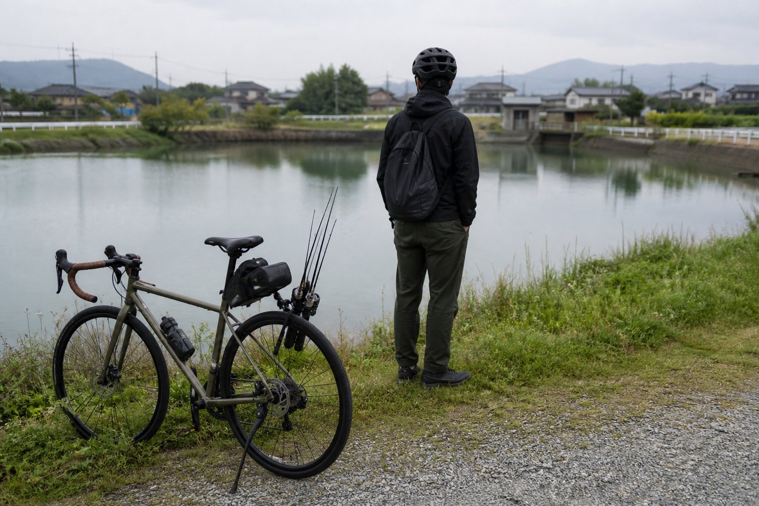 野池のほとりで自転車を停めて水面を見つめる釣行者の後ろ姿